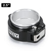 A black aluminum V-band clamp with a silver fitting is shown, measuring 2.5 inches.