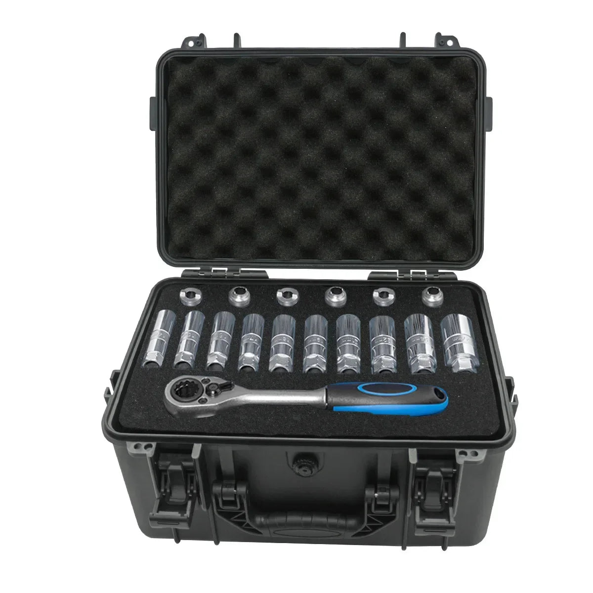 Boîte à outils portable noire avec le couvercle ouvert, révélant divers outils et un insert protecteur.
