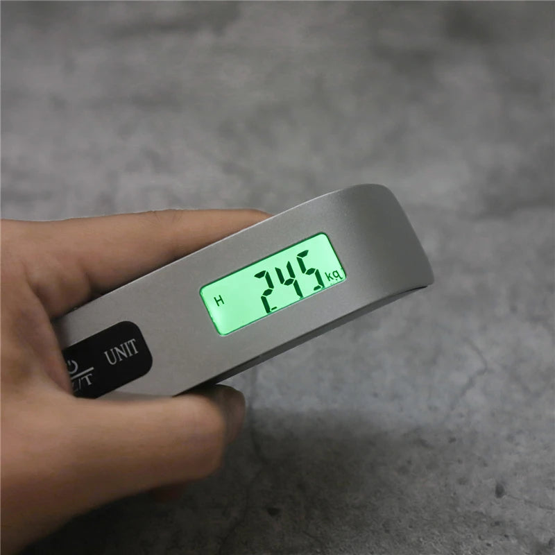 A hand holds a gray portable digital weighing scale displaying 2.45 kg on the screen.