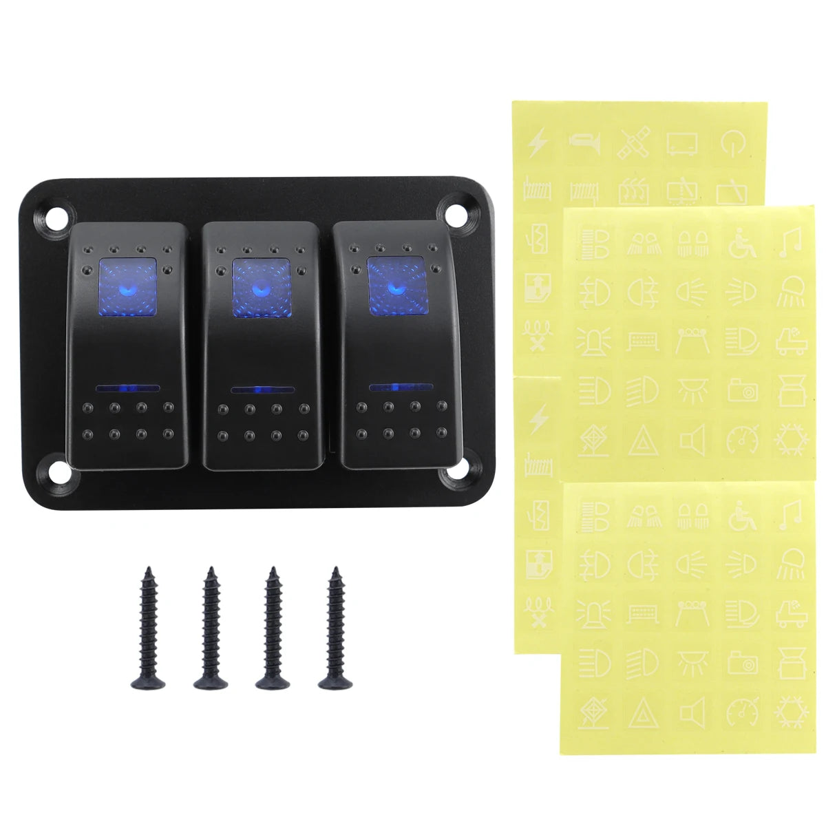 A black multi-group rocker switch panel with three illuminated switches and mounting screws.