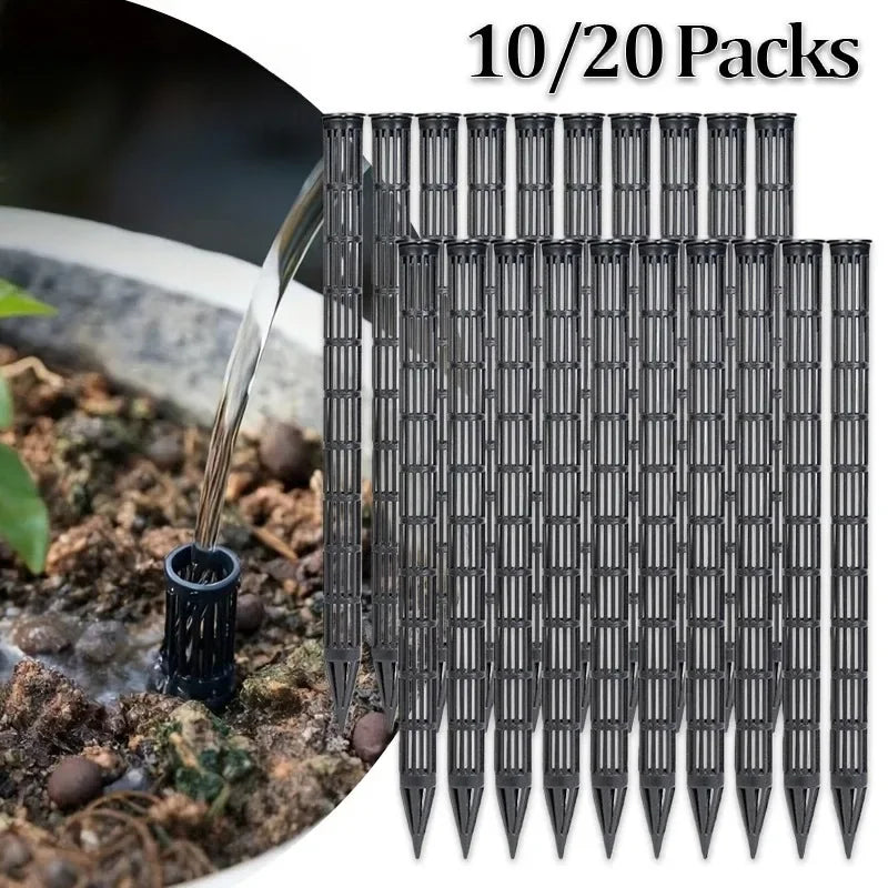 A set of 10 or 20 plant aeration tubes for pots shown next to soil being watered.