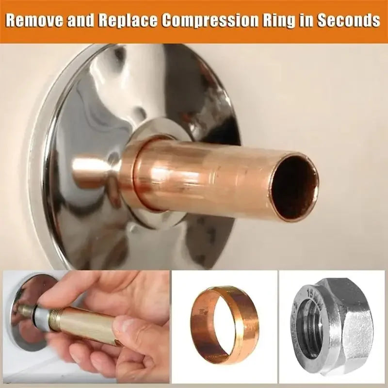 A tool used to remove and replace a compression ring in a sleeve, shown with the ring and replacement parts.