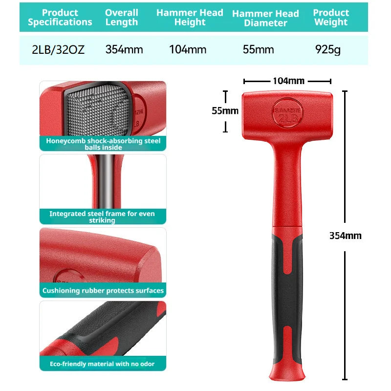 A red rubber hammer tool with a black handle and various specifications shown in diagrams.