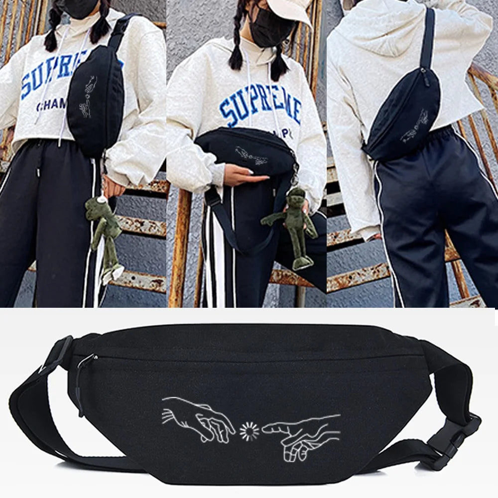 Black linen crossbody waist bag featuring a hand gesture design, shown in lifestyle photos.