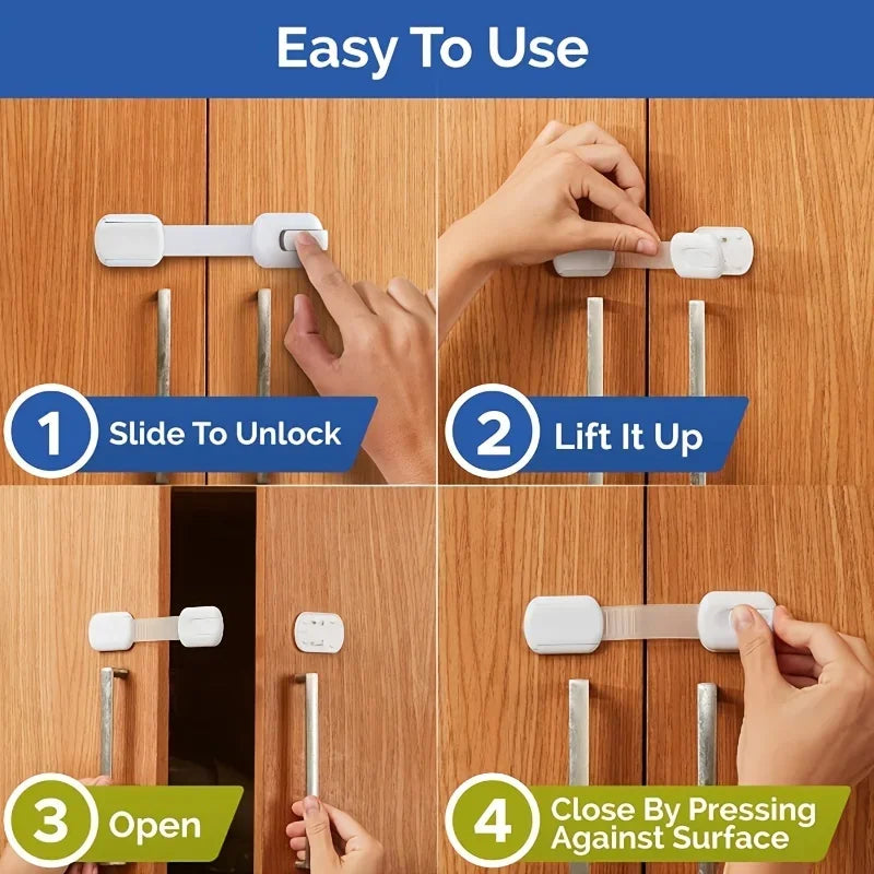 Instructions showing how to use an adjustable child safety lock for cabinets and drawers: slide to unlock, lift up, open, and