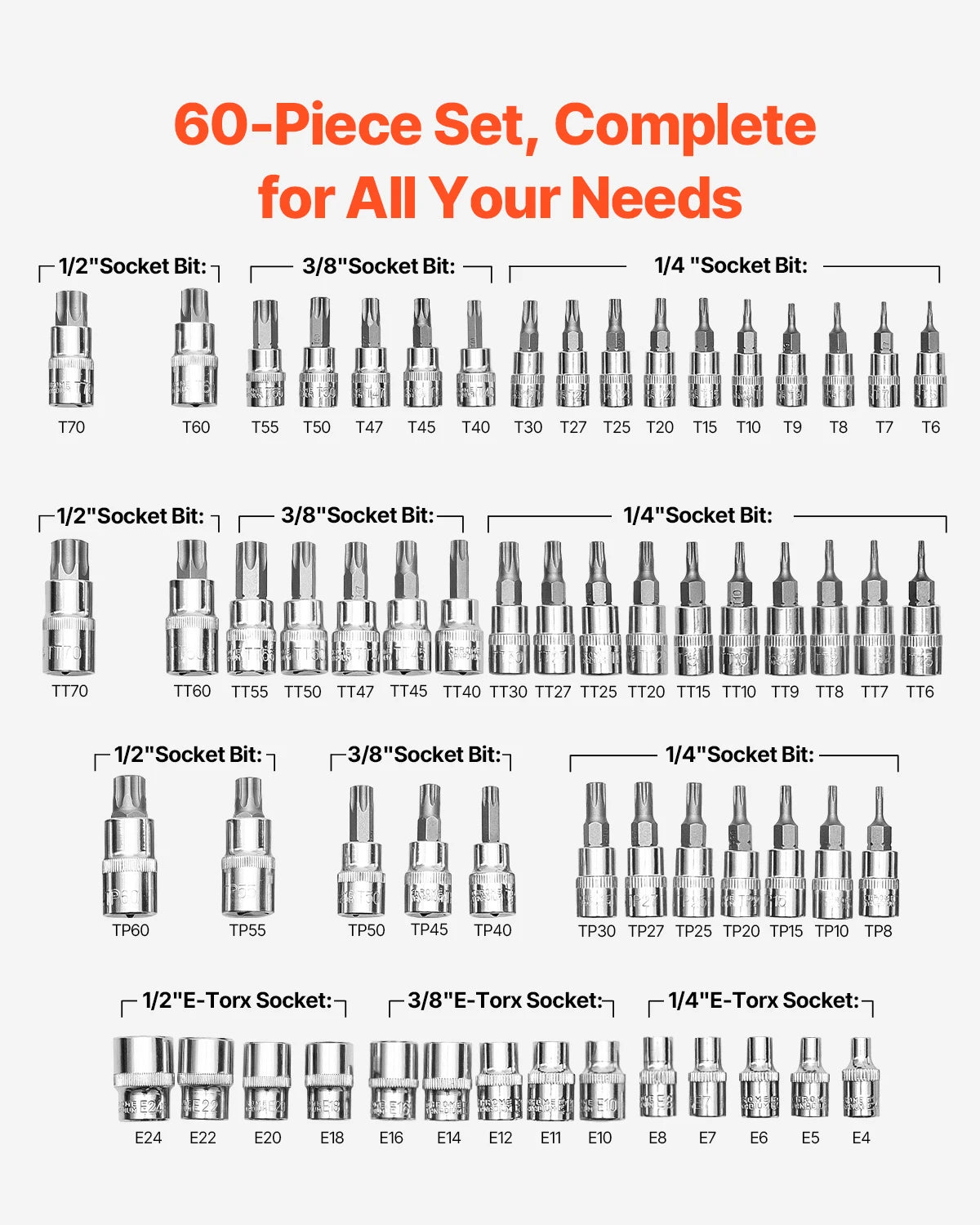 A collection of 60 professional bit and socket sets including various sizes like 1/2 inch, 3/8 inch, and 1/4 inch sockets and