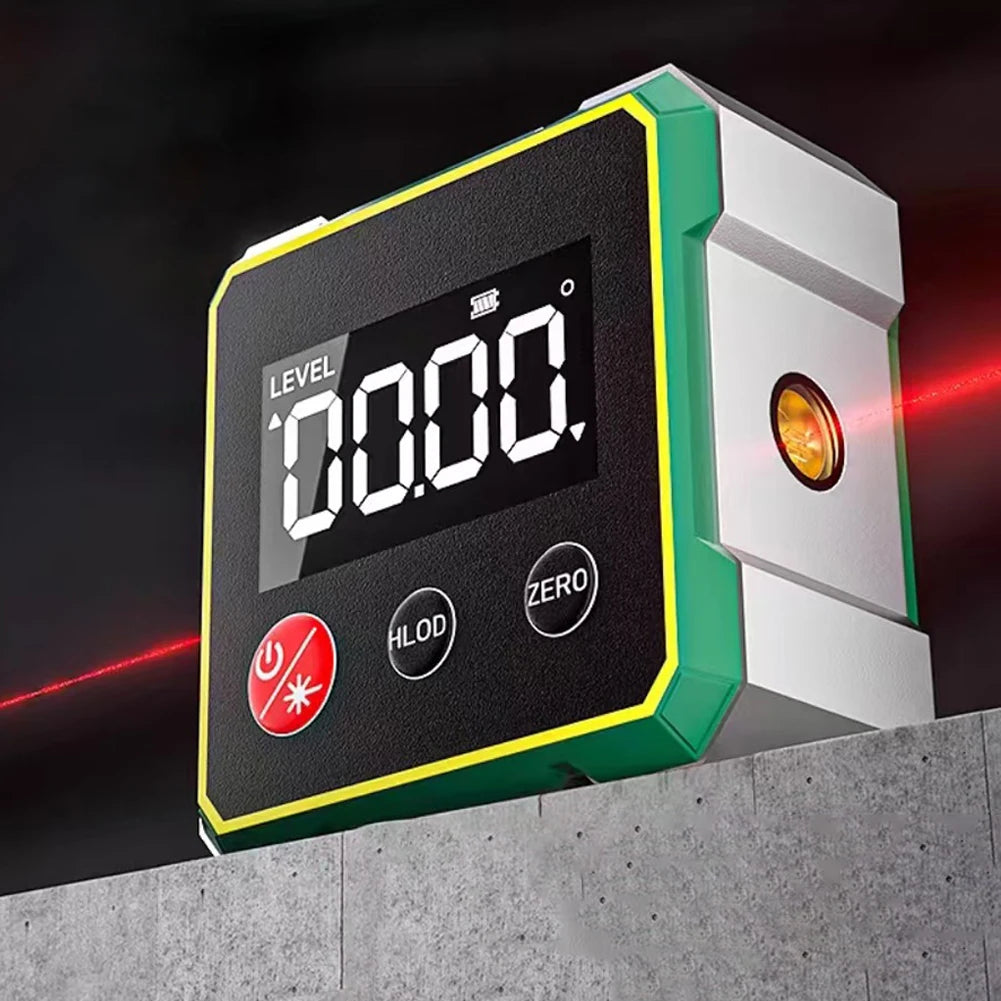 A digital angle finder device with a black screen displaying 00.00, featuring green and white accents.