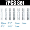 A set of seven spark plug sockets with various metric and imperial sizes including 9/16 inch, 3/4 inch, 13/16 inch, and milli