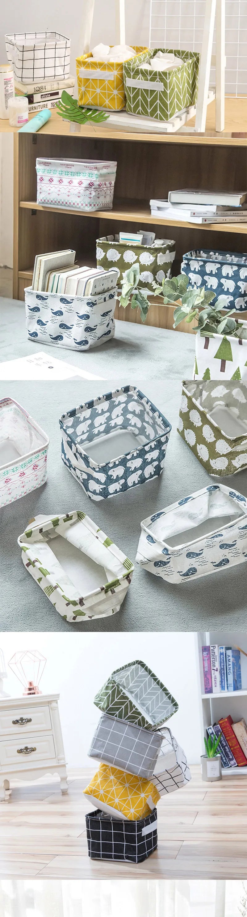 A collection of foldable linen storage baskets in various patterns and colors, including yellow, green, white, and blue, disp