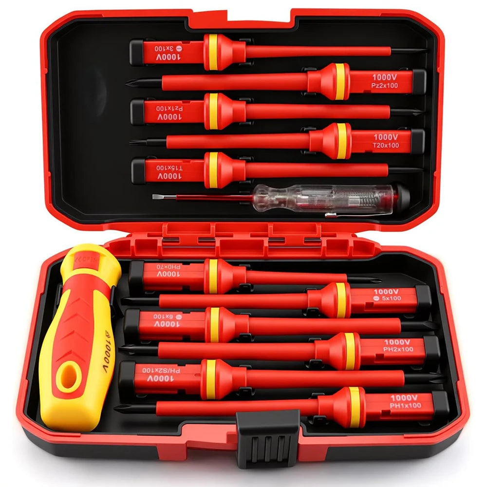 An open red case containing a precision magnetic screwdriver set with various sized tips.