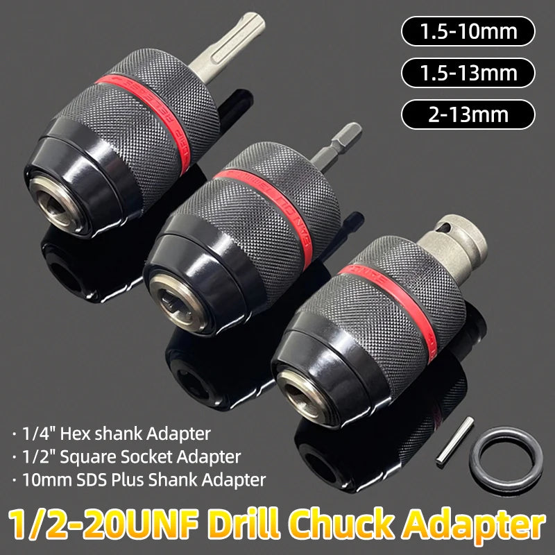 Three drill chuck adapters in sizes 1.5-10mm, 1.5-13mm, and 2-13mm shown with various shaft adapters.