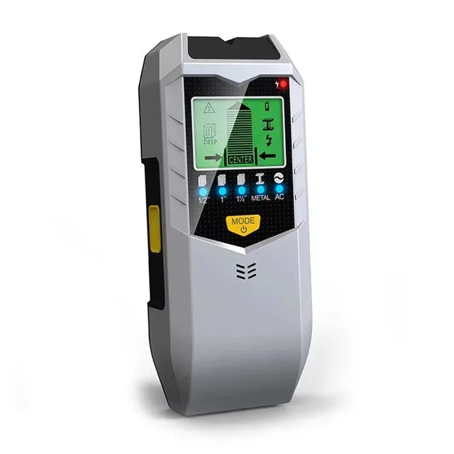 A gray multi-function wall detector device with a digital display and various mode settings.
