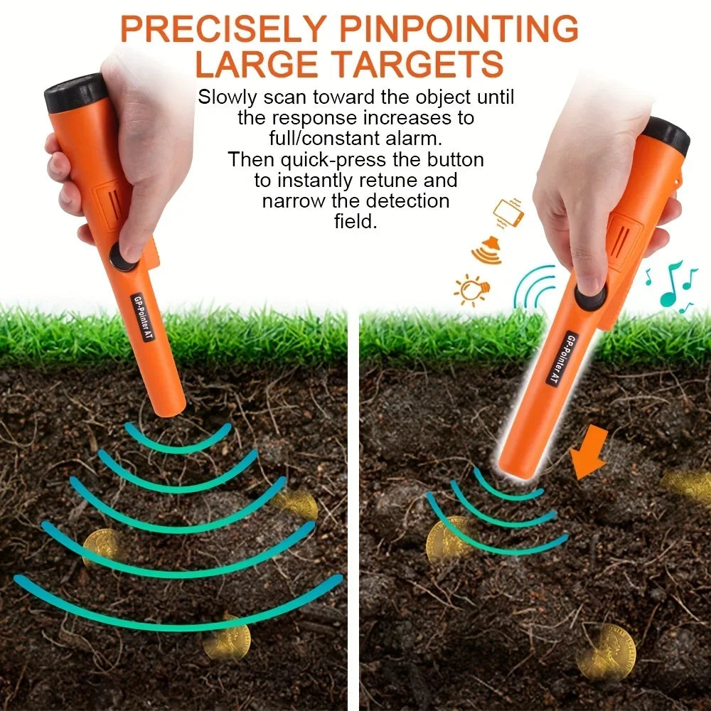 An orange handheld metal detector is shown scanning large targets in the soil.