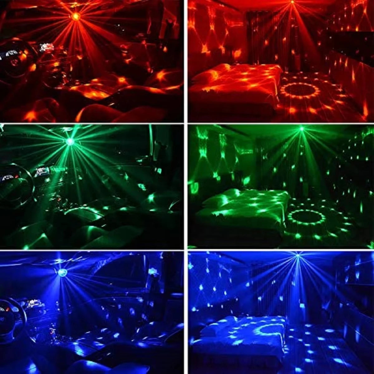 Four panels showing a room illuminated by various colors of sound activated RGB disco lights