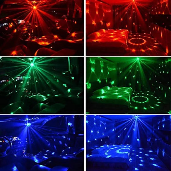 Four panels showing a room illuminated by various colors of sound activated RGB disco lights