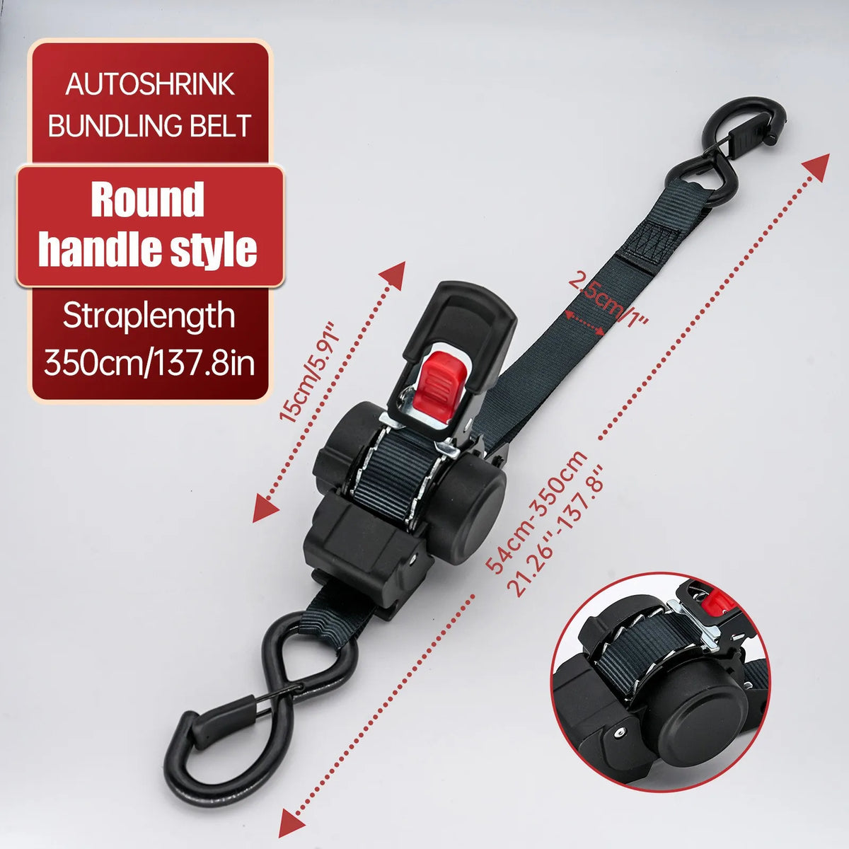 Black autoshrink bundling belt with a round handle style and strap length of 350cm