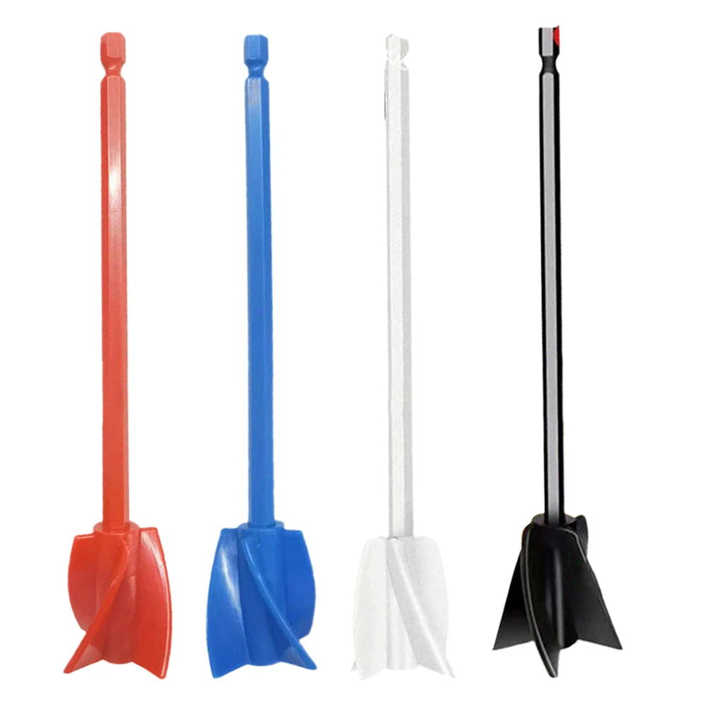 A set of five epoxy mixer stirring rods in red, blue, white, and black.