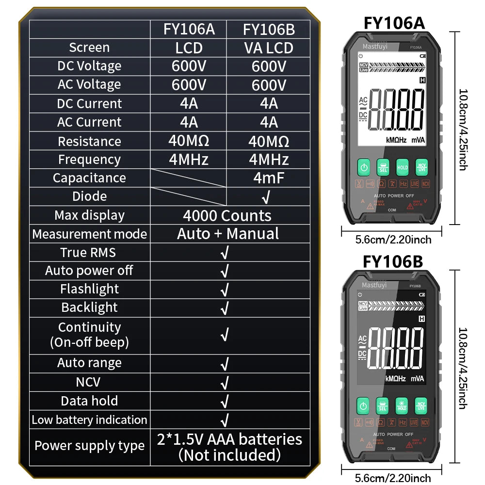 Comparison table showing technical specifications for the FY106A and FY106B digital multimeters