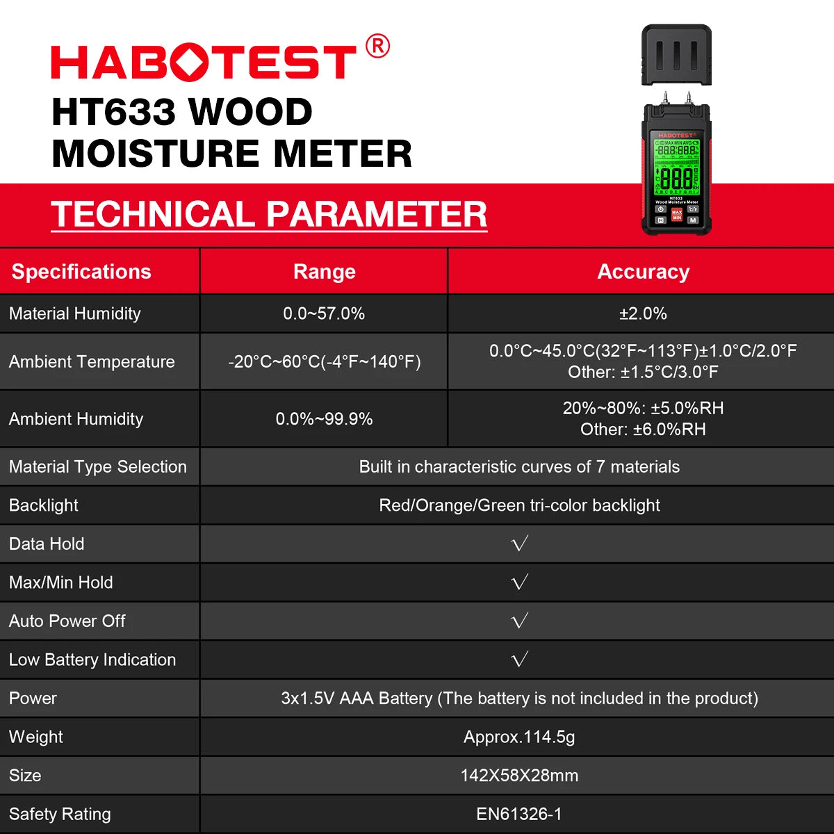 A technical specification table for the HABOTEST HT633 Wood Moisture Meter showing details on range, accuracy, and features.