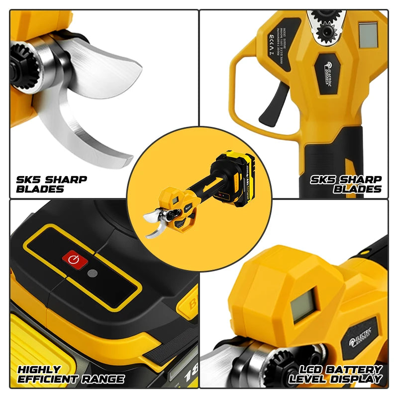 Yellow and black heavy duty electric pruning shear blades and battery display