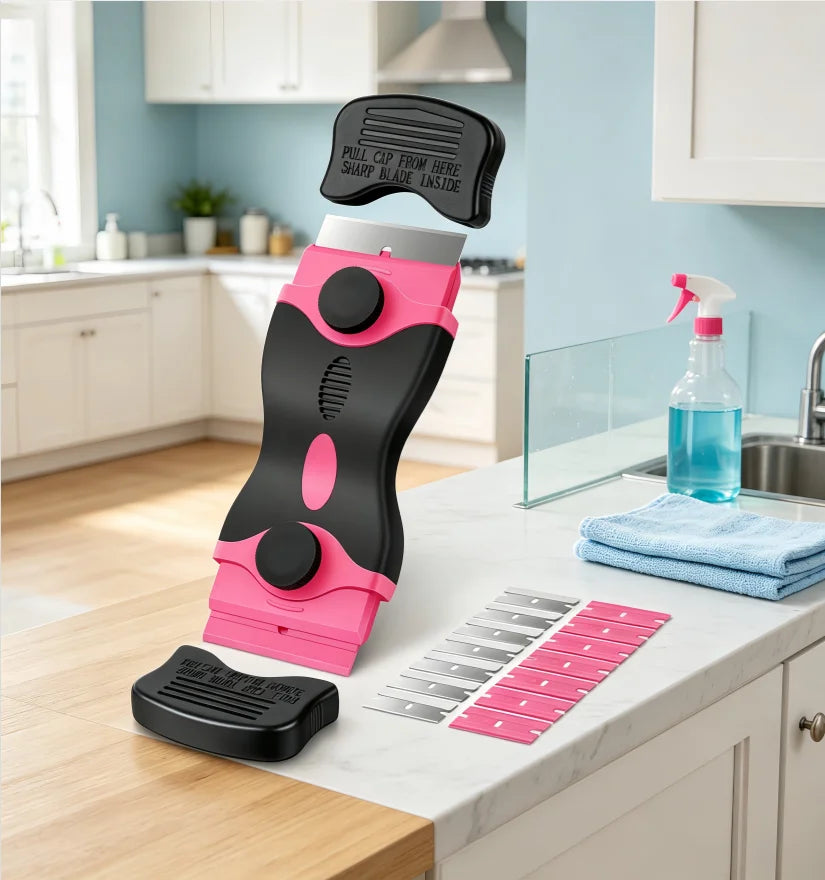 A pink and black 2-in-1 multi-purpose adhesive remover scraper is displayed on a kitchen counter.