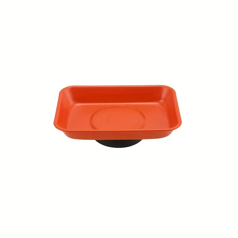 An orange magnetic parts tray designed for holding screws, nuts, and bolts.