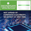 A white power saver device with a green light, shown next to various household appliances.