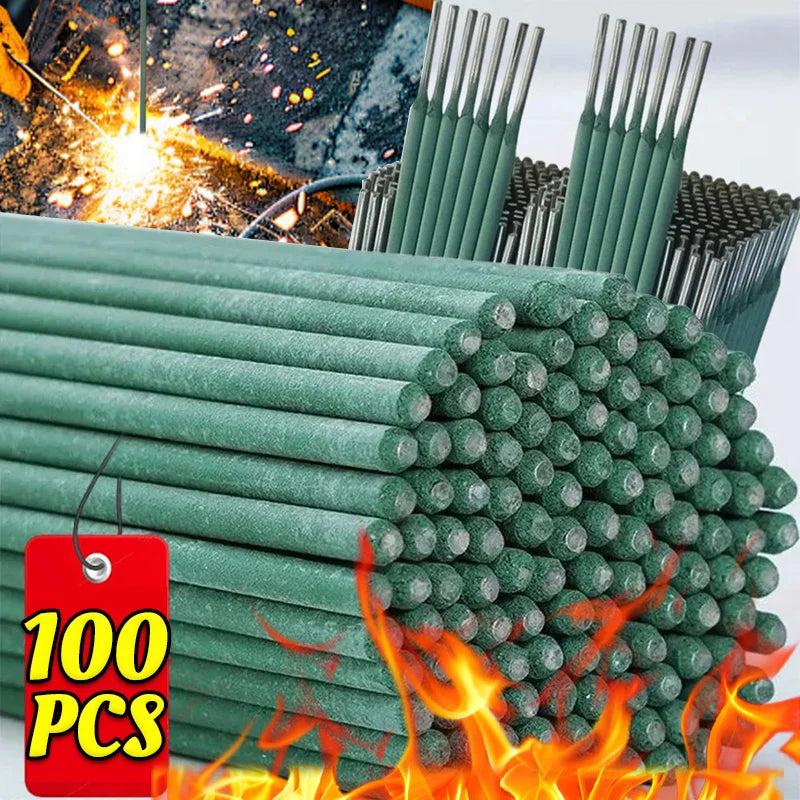 A stack of green welding rods and a bundle of metal rods are shown with flames in the background.
