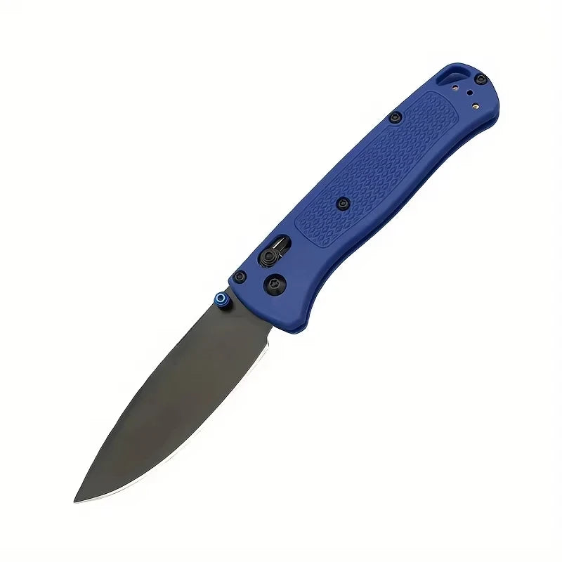 Couteau pliable bleu avec lame sombre et poignée texturée.