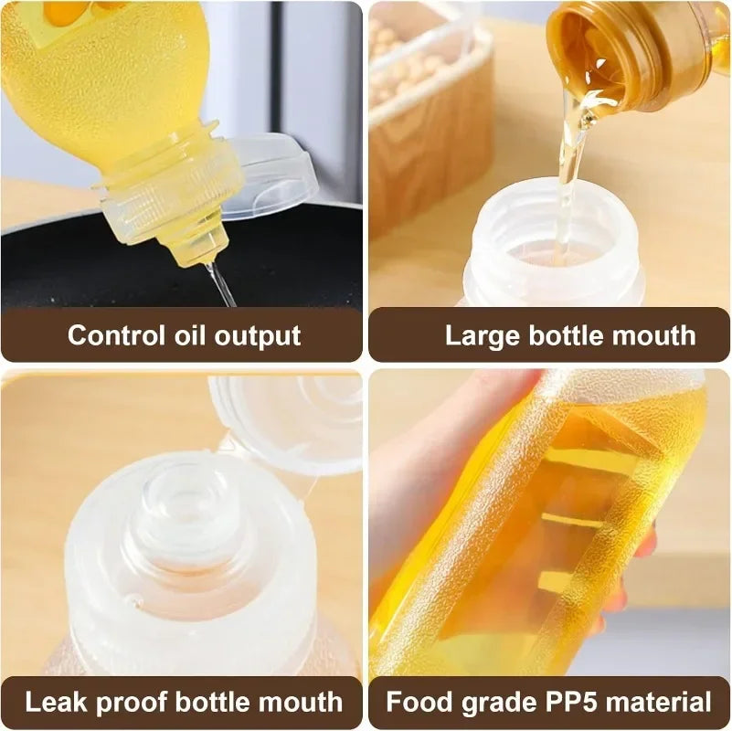 A collection of squeeze dispenser bottles showing control oil output, large bottle mouth, leak proof mouth, and food grade PP
