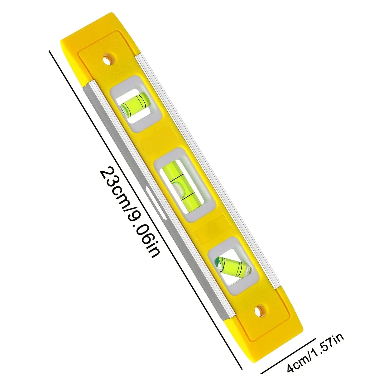 A yellow precision magnetic box level with multiple illuminated lines and measurement markings.