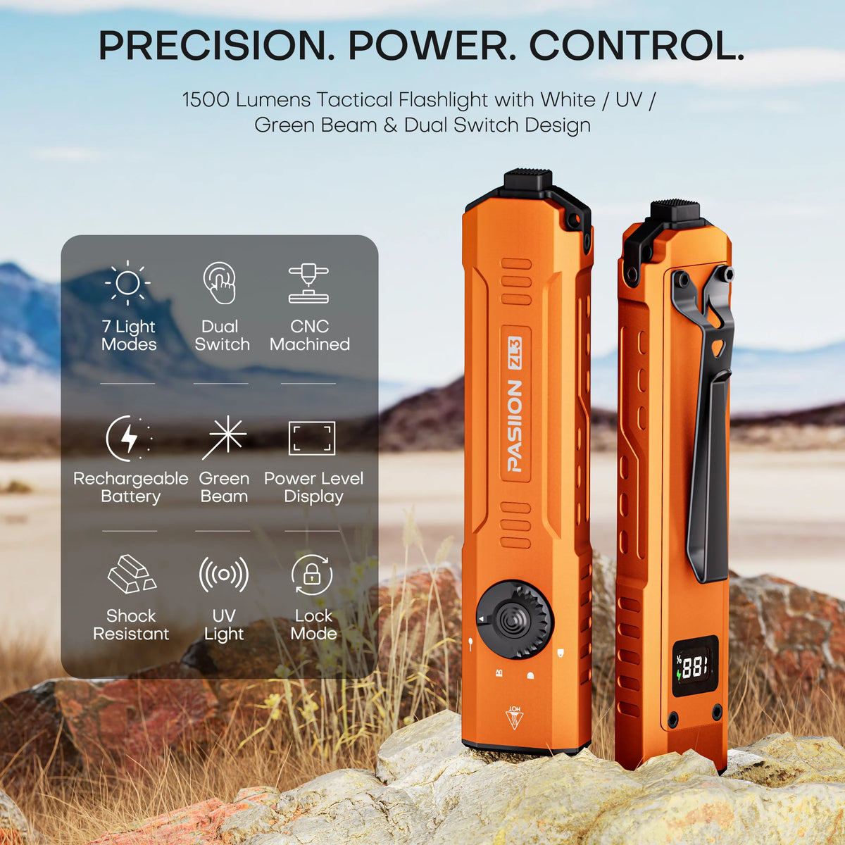 Orange tactical flashlight with a black grip and light, shown outdoors on rocks.
