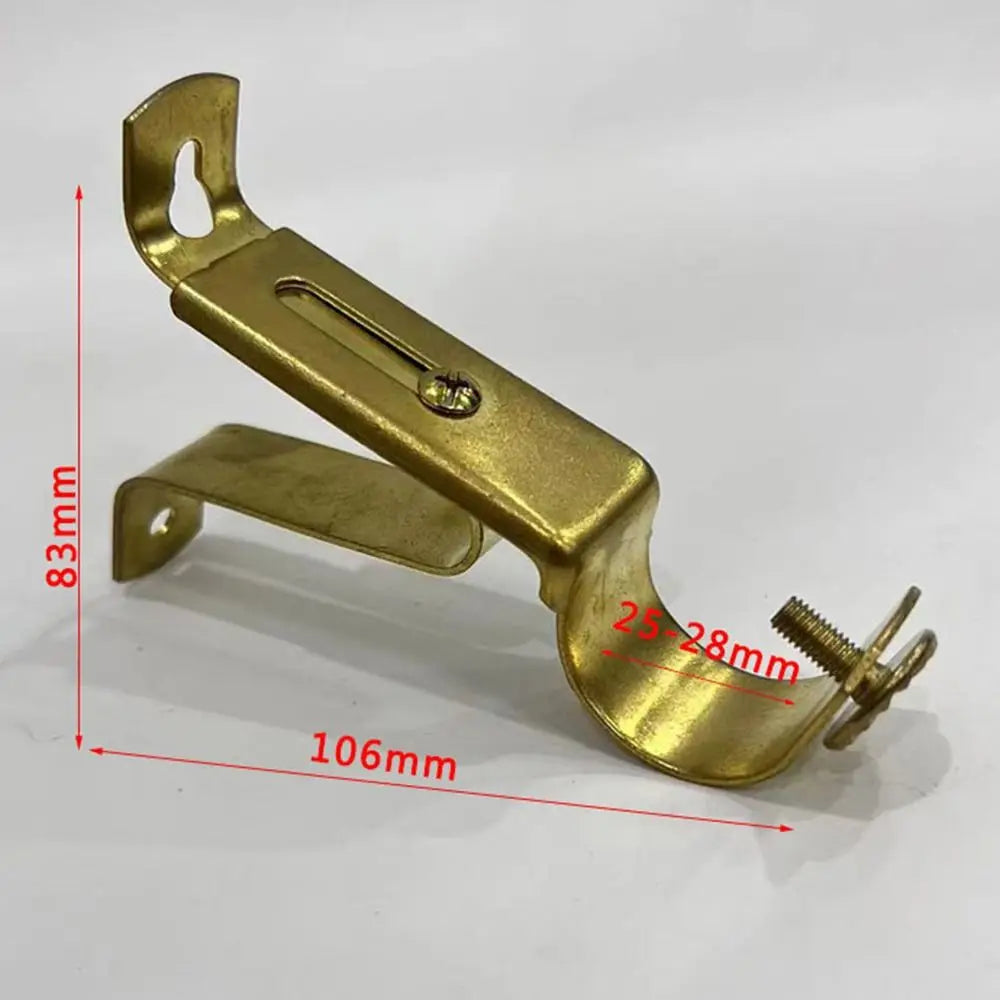 A brass adjustable metal curtain rod bracket with dimensions marked.