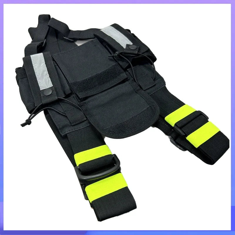 Black adjustable reflective chest harness designed for walkie-talkies