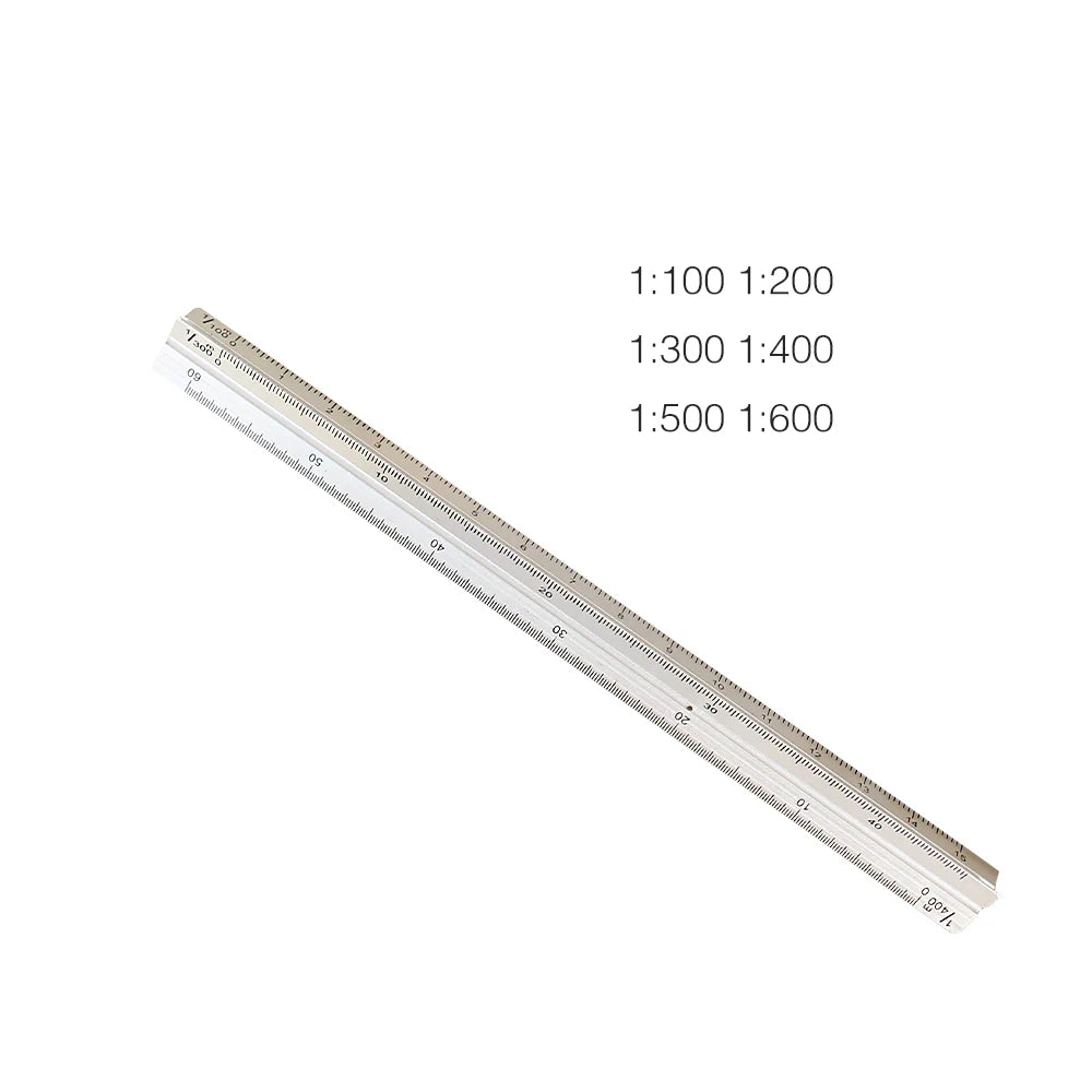 Multicolor aluminum triangular ruler showing various scale markings like 1:100 to 1:600
