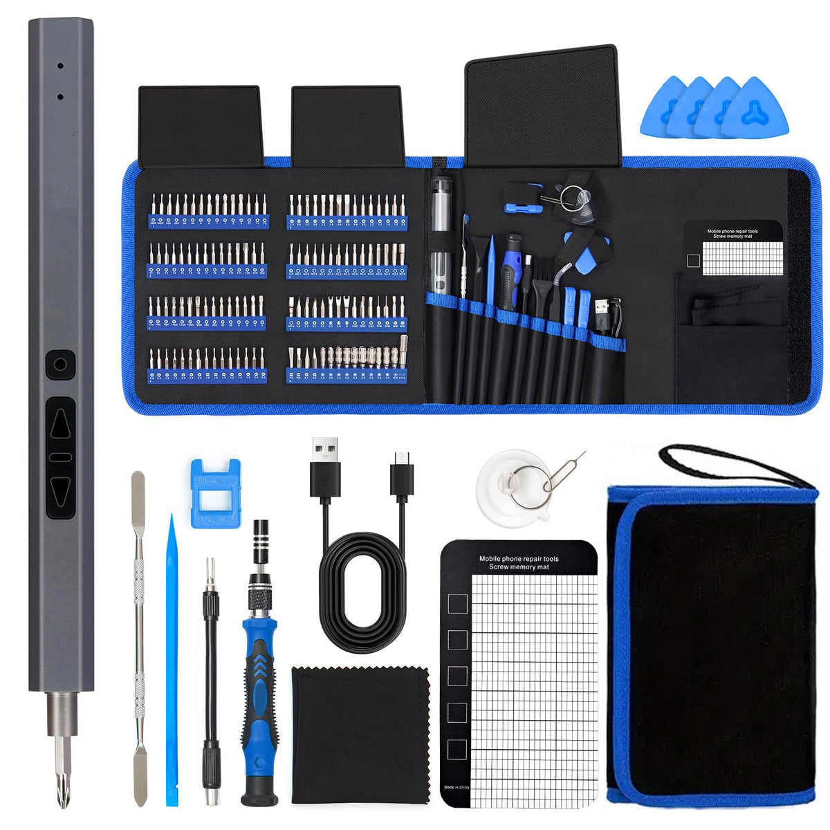 A precision screwdriver set featuring various tools, including screwdrivers, tweezers, and other electronics repair instrumen