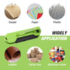 A set of three folding utility knives shown alongside various materials like carpet, paper, plastic, leather, carton box, and