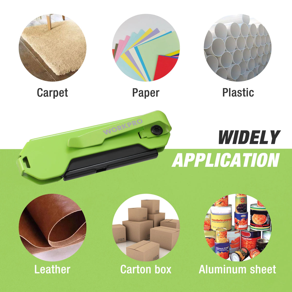 A set of three folding utility knives shown alongside various materials like carpet, paper, plastic, leather, carton box, and