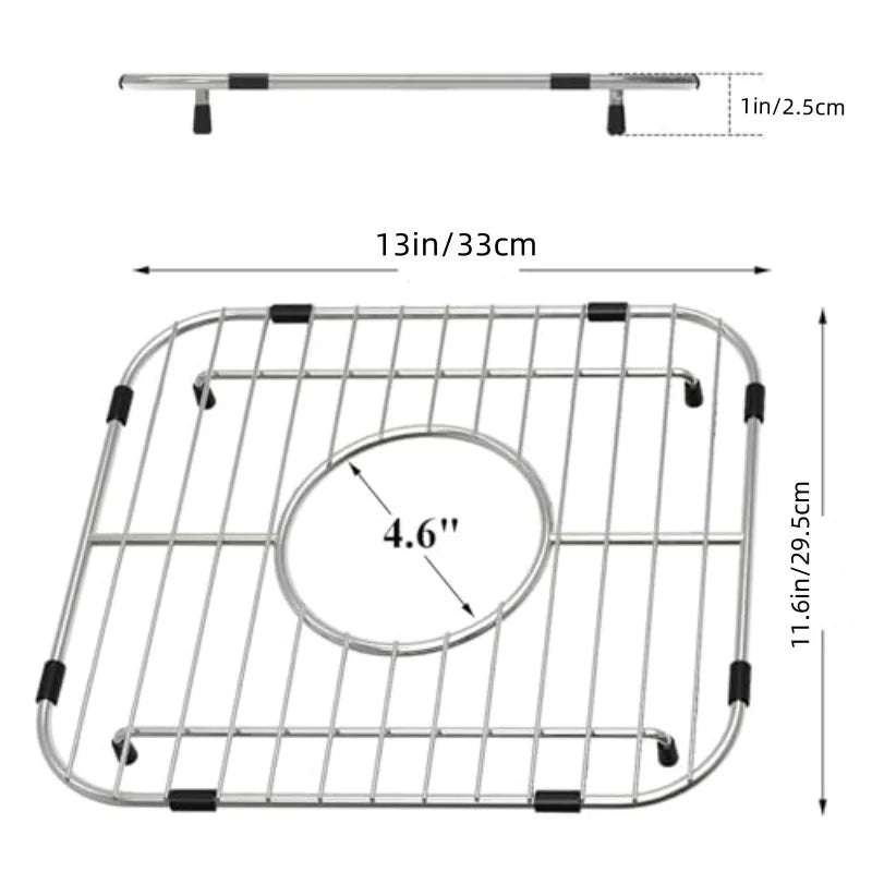 A rectangular stainless steel grid with a circular insert, designed to protect sinks.