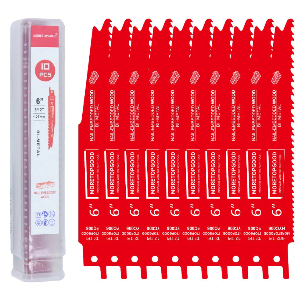 Set von 10 Hoch-TPI-Schlaghobelsägebladen für Holz und Nägel, verpackt in einer klaren Plastikverpackung.