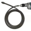 A spring-loaded drain cleaning tool with a drill adapter and coiled metal hose.