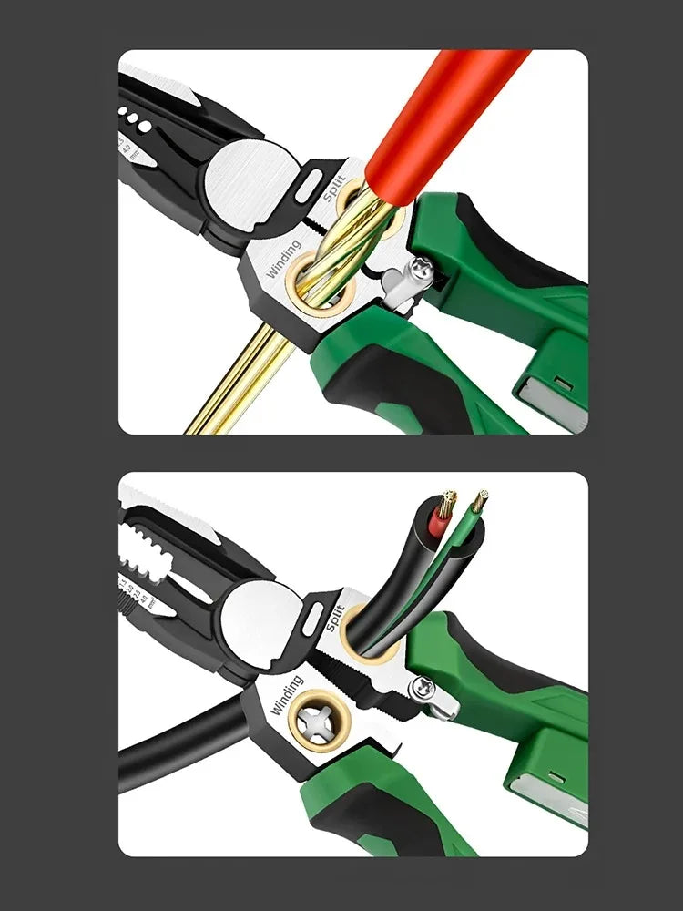 A close-up view of an 8-in-1 multifunctional voltage tester and wire stripper tool with various probes and wires.