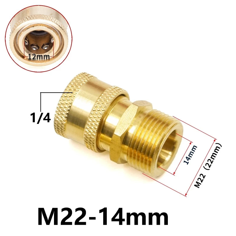 Adaptador de latón M22-14mm con rosca de 1/4 y diámetro exterior de 14mm, junto a un detalle de conexión de 12mm.