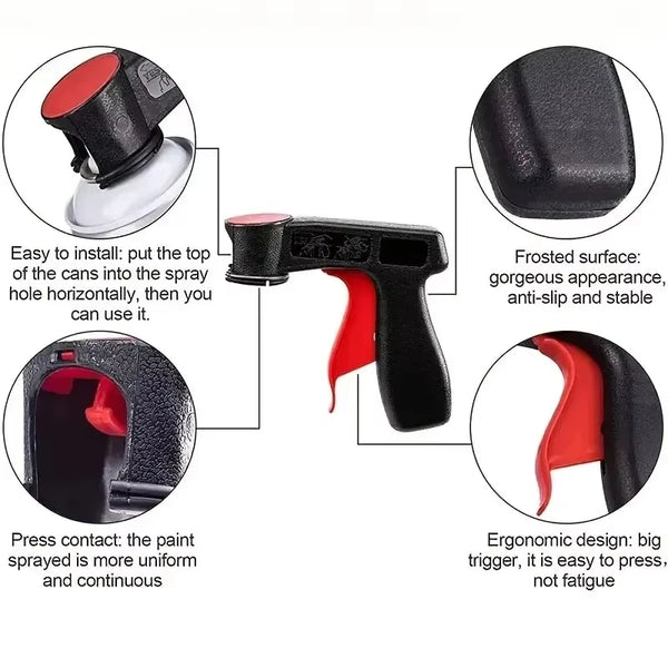 A reusable spray paint handle with a black grip and red trigger is shown with various usage instructions.