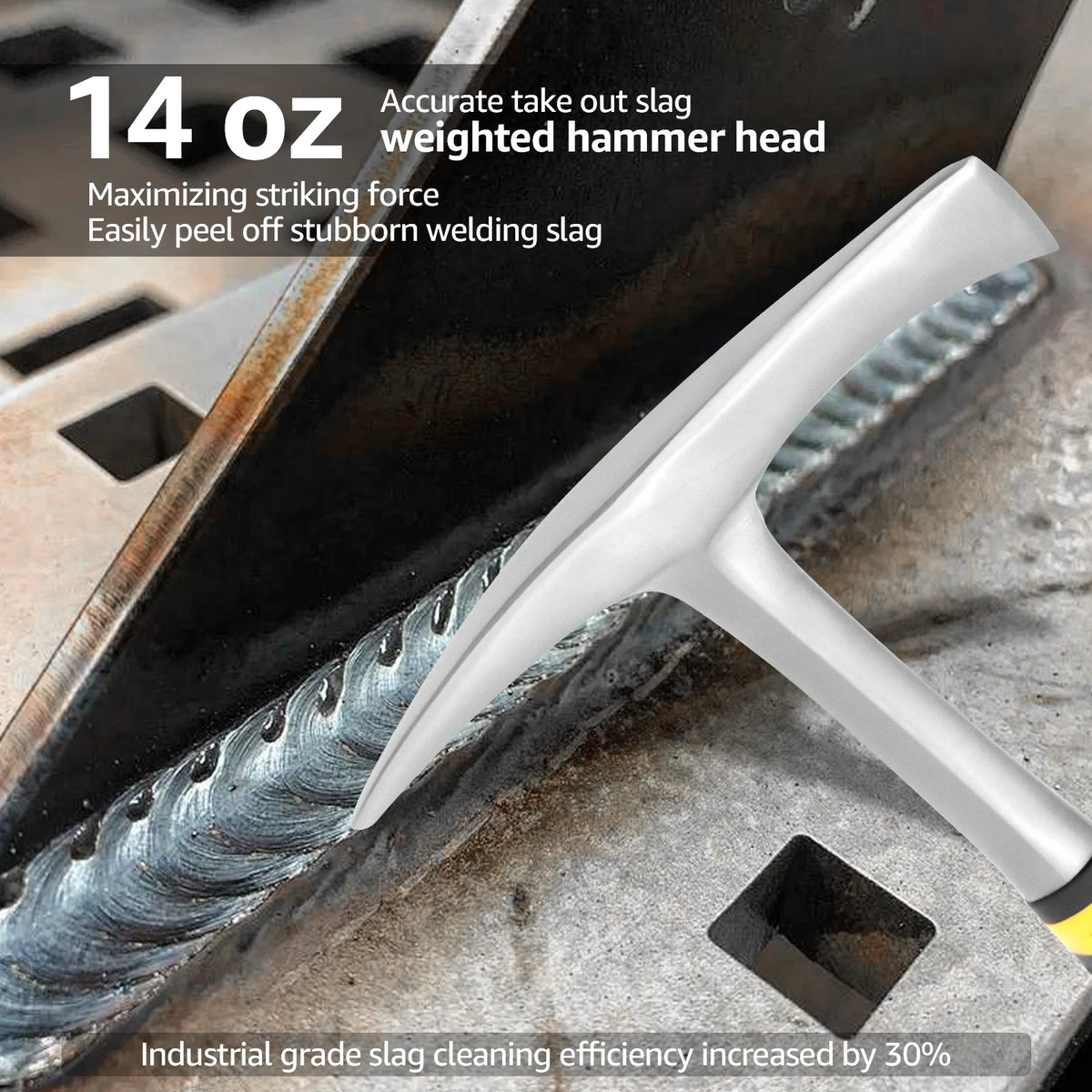 A close-up of a 14 oz weighted hammer head used for slag cleaning on an industrial pickaxe.