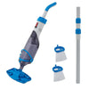 A cordless handheld pool and spa vacuum cleaner with a blue handle and a detachable cleaning tool.