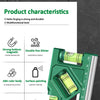 A green precision mini level gauge and protractor set with an aluminum ruler body is shown on a wooden surface.