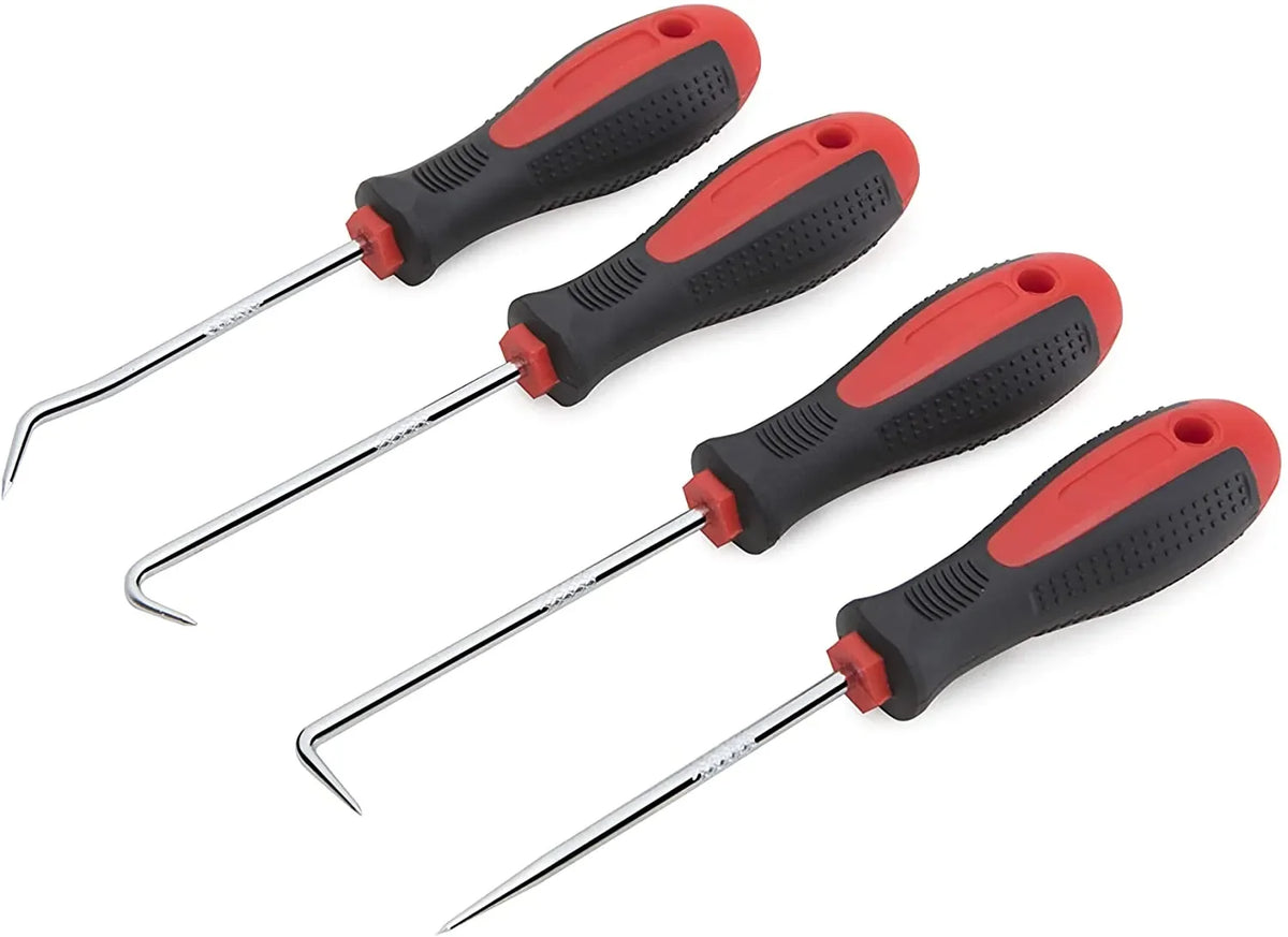 A set of multi-angle car repair hooks with black and red handles and silver tips.