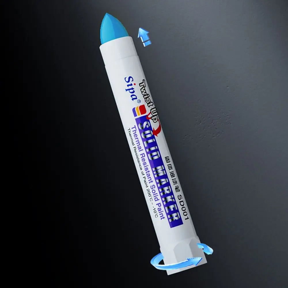 A white and blue solid paint marker pen with a light blue tip is shown diagonally against a dark gray background.