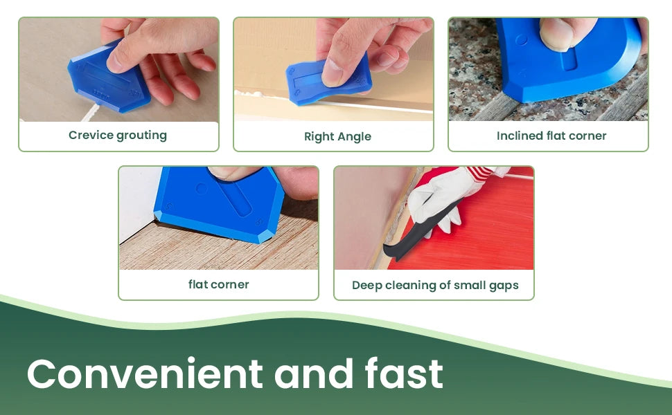A set of blue silicone tools for crevice grouting, right angles, inclined flat corners, flat corners, and deep cleaning small